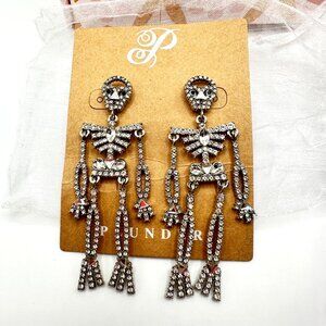 Plunder Design Crystal Skeleton Dangle Earrings Silver Halloween Jewelry NIB